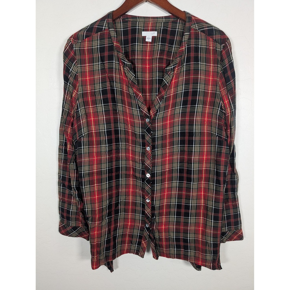 J Jill Shirt Womens XL Red Black Plaid Button Front 100% Rayon Blouse Top